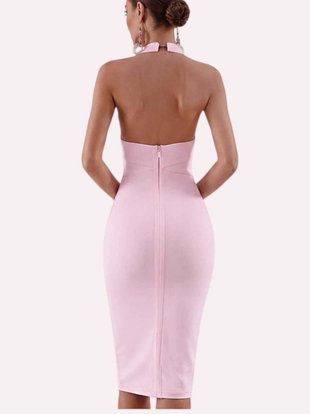 Petal Pink Halter Bandage Midi Dress | Deep V Open Back Bodycon | Size L - Picture 4 of 10